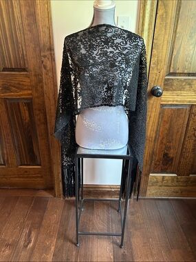 Black Lace Fringe Shawl - Women's Evening Wrap